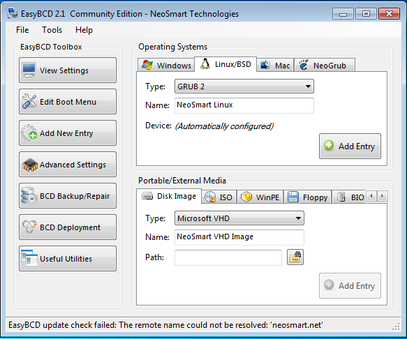 Windows 7 EasyBCD Add Linux