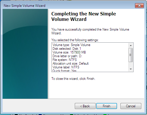 Windows 7 Create Simple Partition Completed