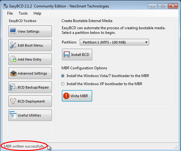 Write a new boot sector windows 7