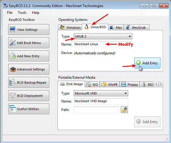 EasyBCD Add Linux Windows Boot Menu