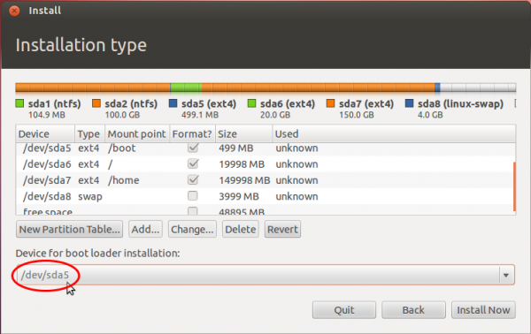 Ubuntu 12.04 Install GRUB sda5 Boot Partition