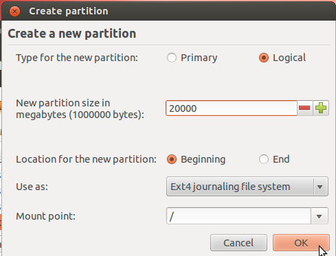 Ubuntu 12.04 Create Root Partition