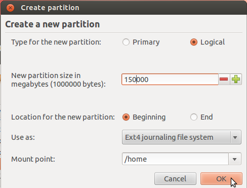 Ubuntu 12.04 Create Home Partition