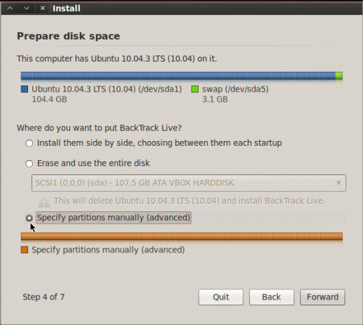 BackTrack 5 R2 GNOME Partition Type