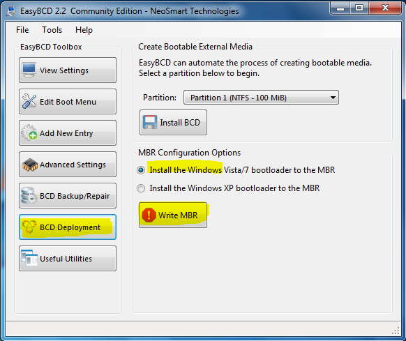 EasyBCD Install Windows MBR