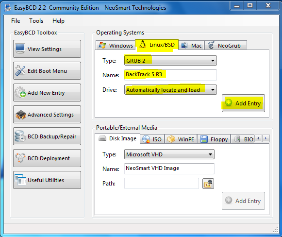 EasyBCD Install GRUB BackTrack 