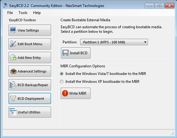 EasyBCD Windows 7 Restore MBR