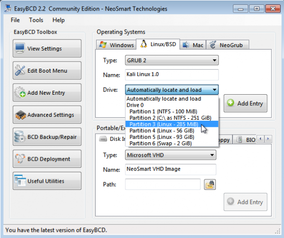 Windows 7 EasyBCD Linux GRUB 2