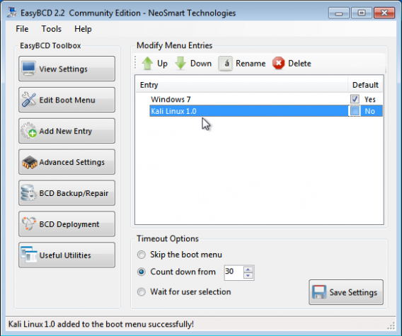 Windows 7 Kali Linux EasyBCD Preview