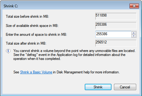 Windows 7 Shrink Partitions