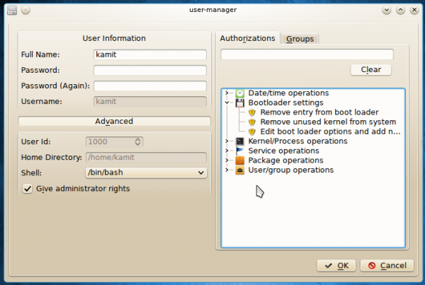 Pisi 1.1 User Manager Settings