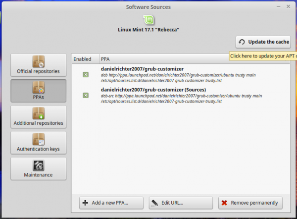 Figure 4: GRUB-Customizer PPA on Software Sources Manager of Linux Mint 17.1.