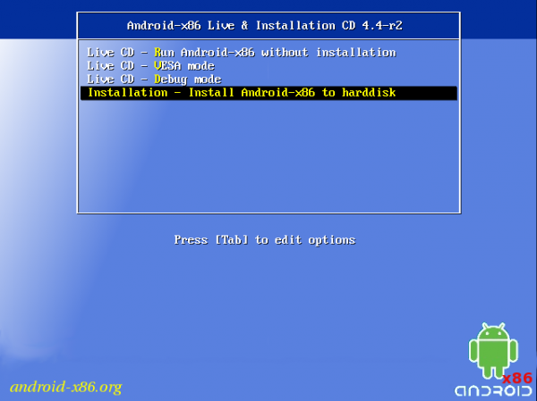 Android-x86 4.4-r2 boot menu