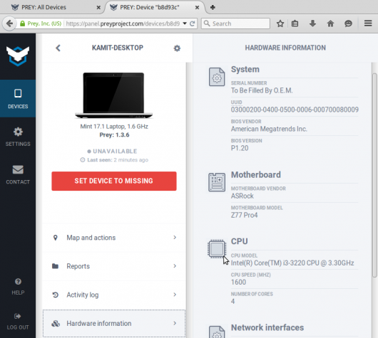 Figure 6: A tracked Linux Mint 17.1 computer on Prey Web UI.