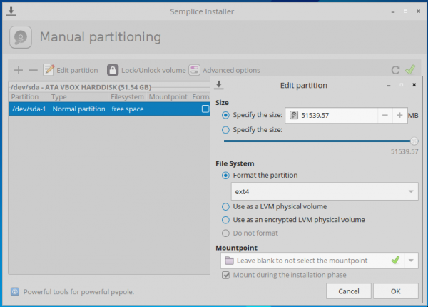 Semplice 7 installer partition editor