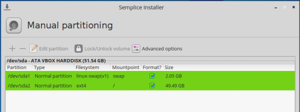 Semplice 7 installer manual partition