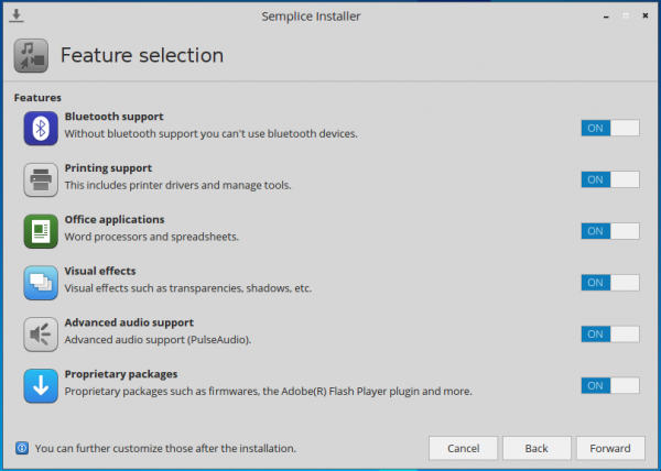 Semplice 7 installer feature selection