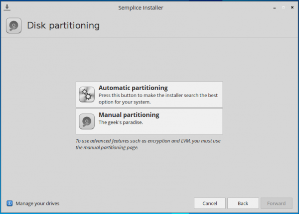 Semplice 7 automatic manual disk partition