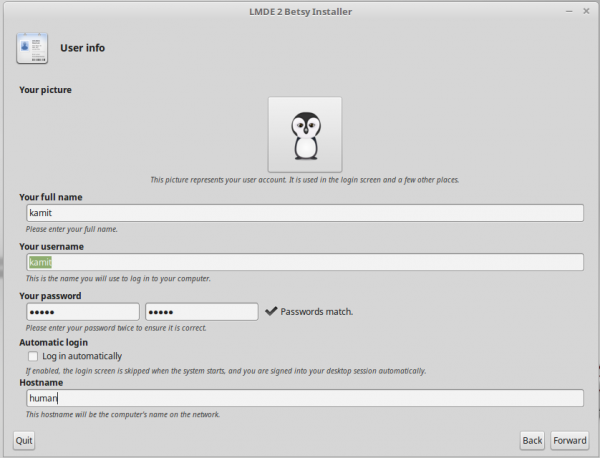 Linux Mint Debian LMDE user account